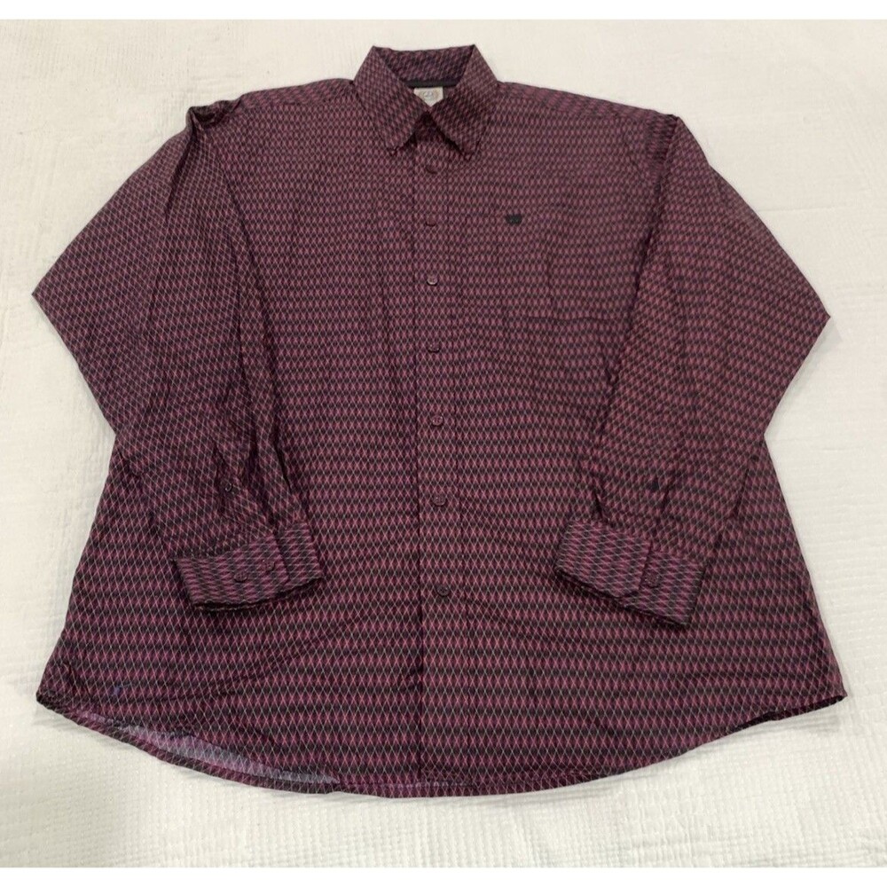 Cinch Button Down Western Shirt Mens L Maroon Diamond Print Long Sleeve Cotton